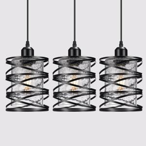 3 Pack Black Farmhouse Pendant Lights Kitchen Island Decor, Modern Crackle Glass Over Sink Pendant Light Fixture, Adjustable Bar Lights Hanging Light for Dining Room, Bedroom, Entryway, Porch, Hallway