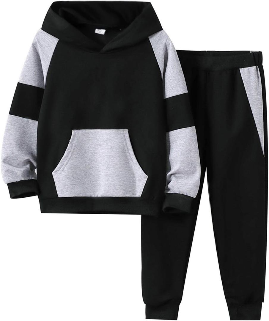 Boys Clothes Long Sleeve Hooded Pullover Colorblock Sweatshirt + Pants 2pcs Fall Winter Outfit Set (7-8 Years, Z:black)