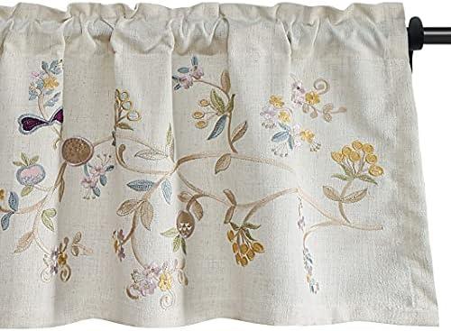 VOGOL Floral Embroidered Pattern Kitchen Valances for Windows, Linen Rod Pocket Curtains Valance for Living Room, 52 Inch Wide by 18 Inch Long, One Panel