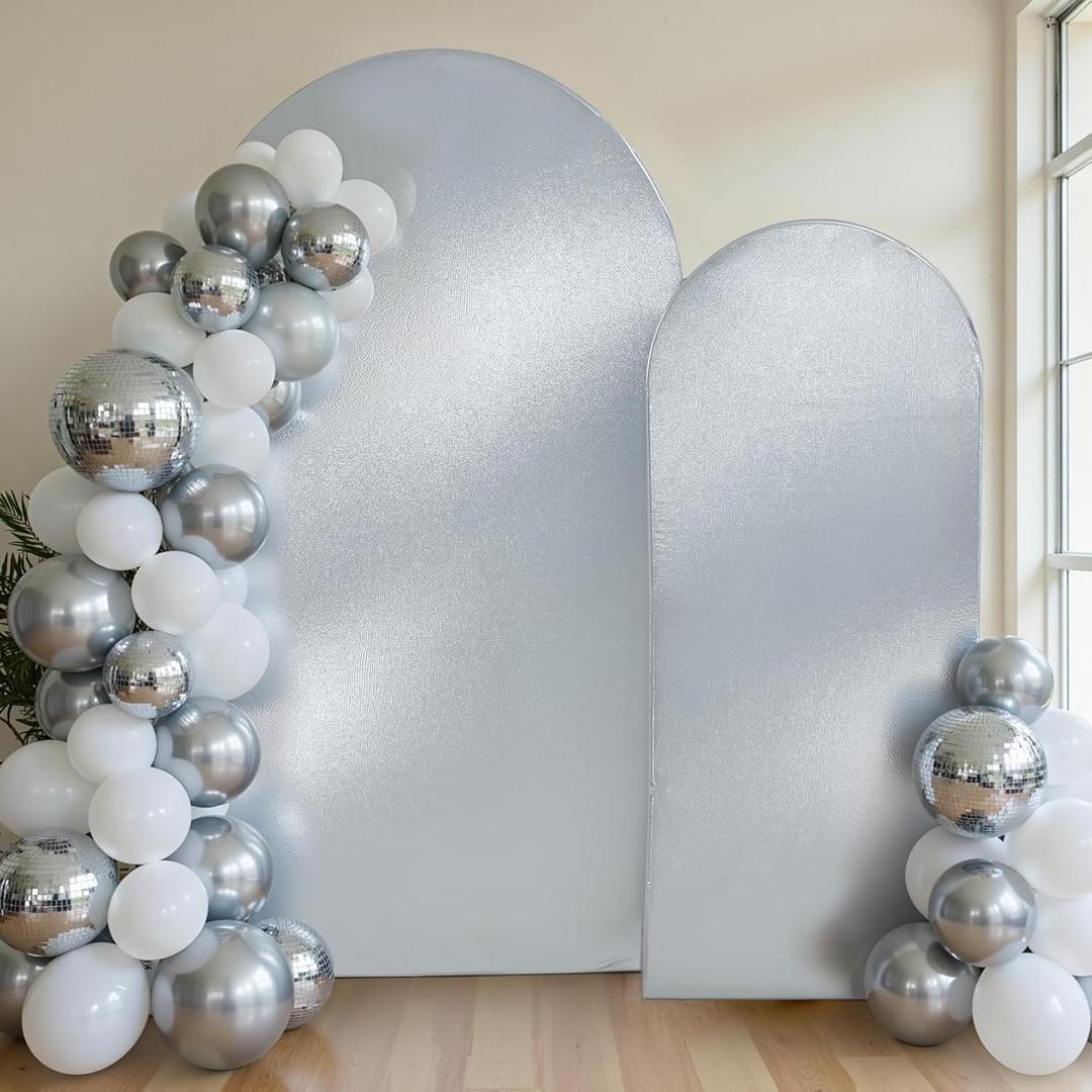 Silver Shimmer Arch Backdrop Cover Set of 2 (6 7.2FT) with Zipper,Thick Soft Stretchy Sequin Glitter Spandex Fitted Chiara Cover for Wedding Birthday Baby Shower Graduation Party Photo Backdrop