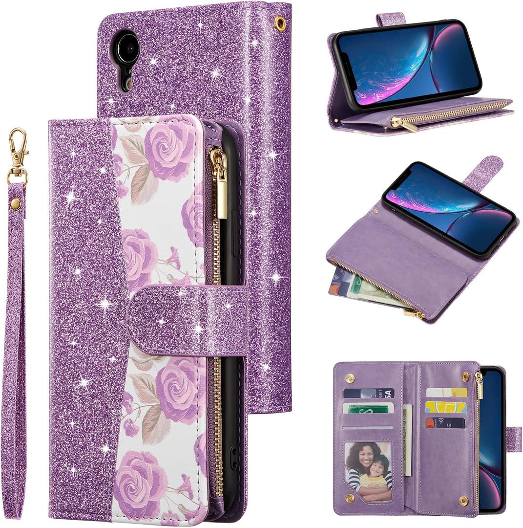 QLTYPRI Wallet Case for iPhone XR, Premium PU Leather Zipper Pocket Case with Card Holder Slots Magnetic Closure Kickstand Wrist Strap Shockproof Flip Cover - Purple Glitter Rose Flower