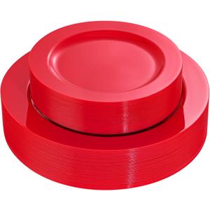 FLOWERCAT 60PCS Red Plastic Plates - Heavy Duty Red Plates Disposable for Party - Includes 30PCS 10.25inch and 30PCS 7.5inch for 30 guests Birthday Party & Mother's Day & Events & July 4th