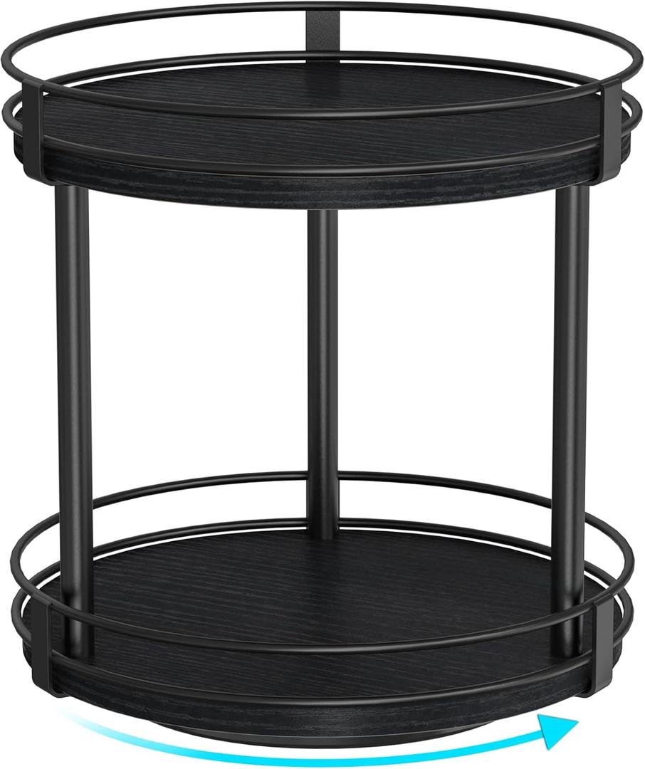 Snughome Lazy Susan Spice Rack, 2 Tier Rotating Spice Rack, Wood Lazy Susan Organizer for Cabinet, Black Kitchen Counter Shelf, 10.2" x 10.2" x 10.4"