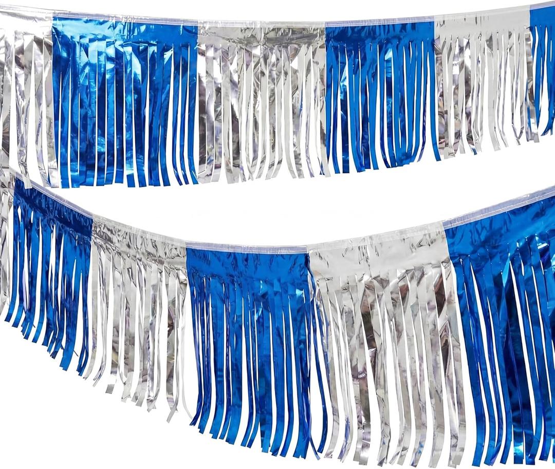 60ft Foil Fringe Garland Car Dealership Blue Silver Shiny Metallic Tassel Banner Auto Dealer Supplies Car Lot Dealership Hanging Drapes Skirting Tinsel Streamers for Parade Floats Party Decor