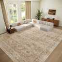 Washable 9x12 Area Rugs for Living Room, Boho Non-Slip Vintage Distress Lager Rugs for Bedroom Dining Room Nursery Office, 0.3" Neutral Oriental Throw Thin Carpet, Brown/White/Multi