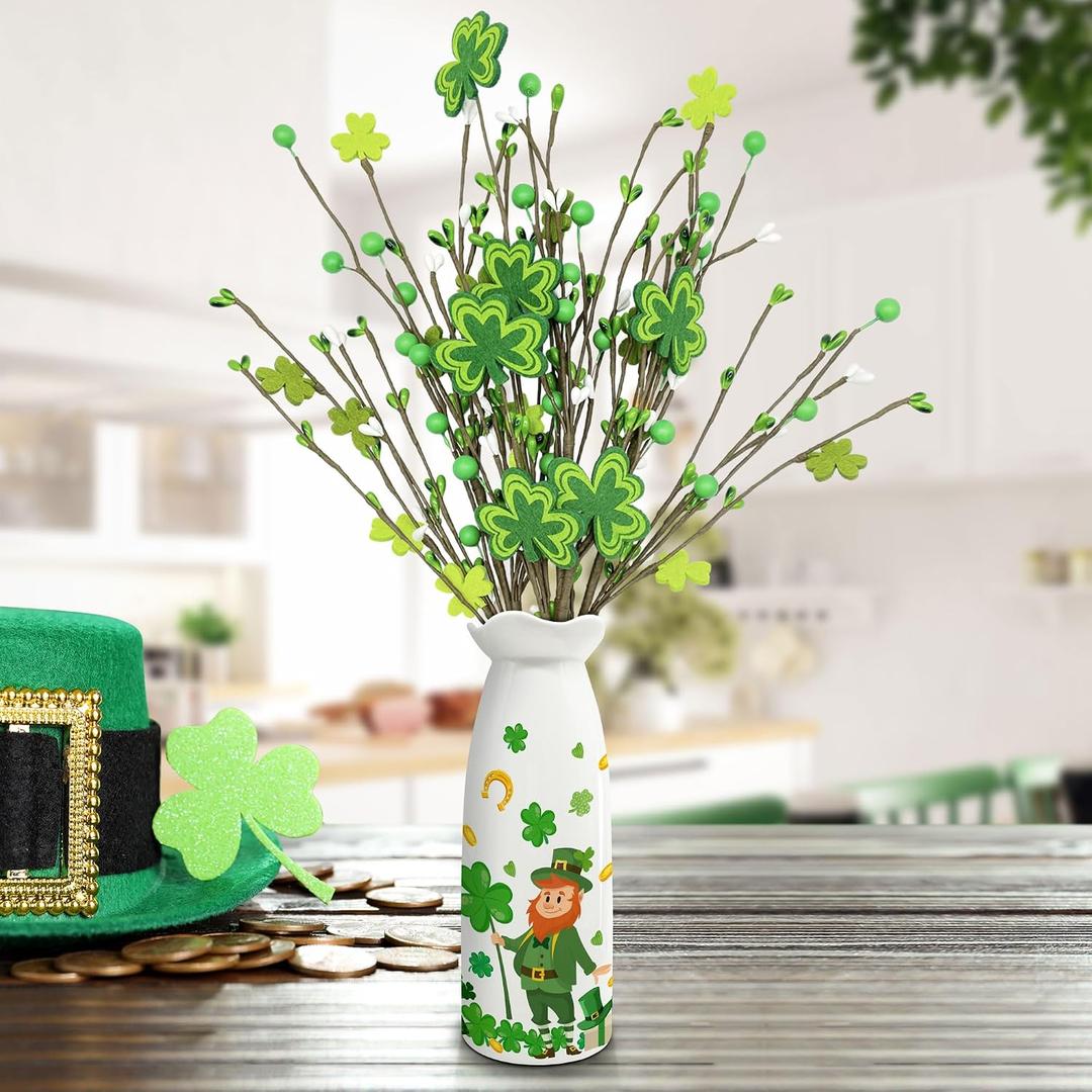 St Patricks Day Decorations, Saint Patricks Day Table Decor - Artificial Flowers 3 PCS with Vase, Leprechaun St Patricks Decor for Home, Dining Table, Bedroom, Shamrock Flowers Gifts for Women