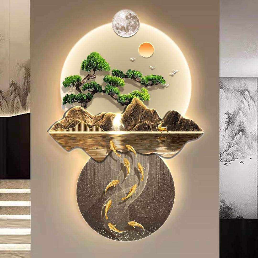 3D Wall Art LED, Wall Sculptures Hanging Art with Led Light, 3D Sculpture Painting Decoration, Chinese Wall Hanging Paintings for Home Entrance Hallway Bedroom, Gold 