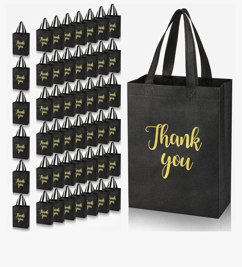 Roowest 50 Pcs Thank You Gift Bags with Handles Bulk Reusable Non Woven Foldable Bag for Wedding Birthday, 10 x 8 x 4 Inch