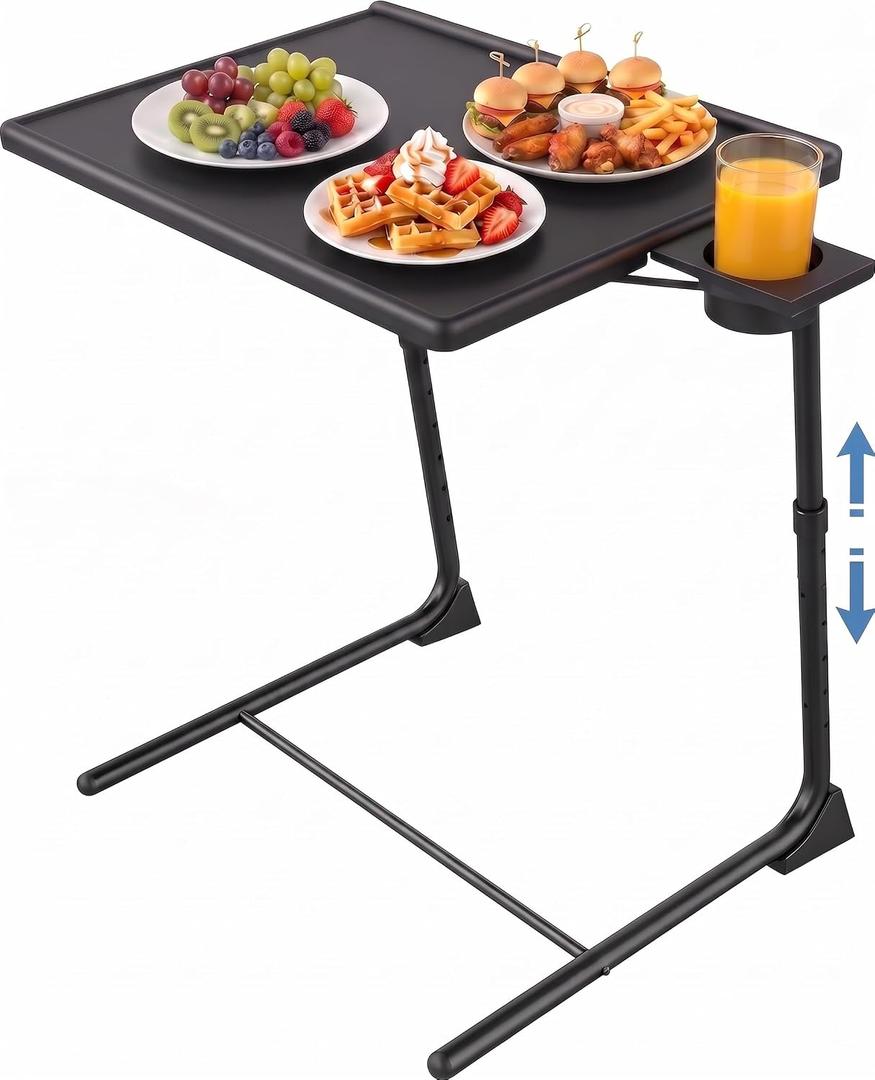 HUANUO Adjustable TV Tray Table - Foldable TV Tray with 6 Height & 3 Tilt Angle Adjustments, TV Dinner Tray with Cup Holder for Couch, Bed, Sofa and Chair (Black), 1pcs