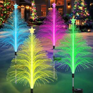 Solar Christmas Decorations, 4 Pack 38.5 Inch 7 Color Changing Jellyfish Lights with 5 Layer Optical Fiber Solar Flower Lights for Outdoor Xmas Yard Garden Pathway Decor