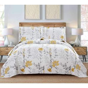 Floral Quilt Set - Queen Size Reversible Bedspread & Coverlet with Pillow Shams - Lightweight for Spring/Summer - Grey & Yellow