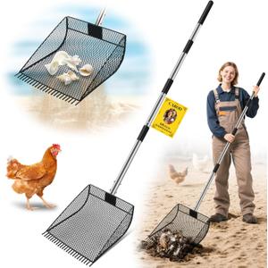 Upgraded 12-inch Chicken Poop Scooper Rake, Durable Metal Poop Scoop for Chicken with 24 to 68" Adjustable Stainless Steel Handle, Litter Scooper for Sand Sifting Shovel for Animals House