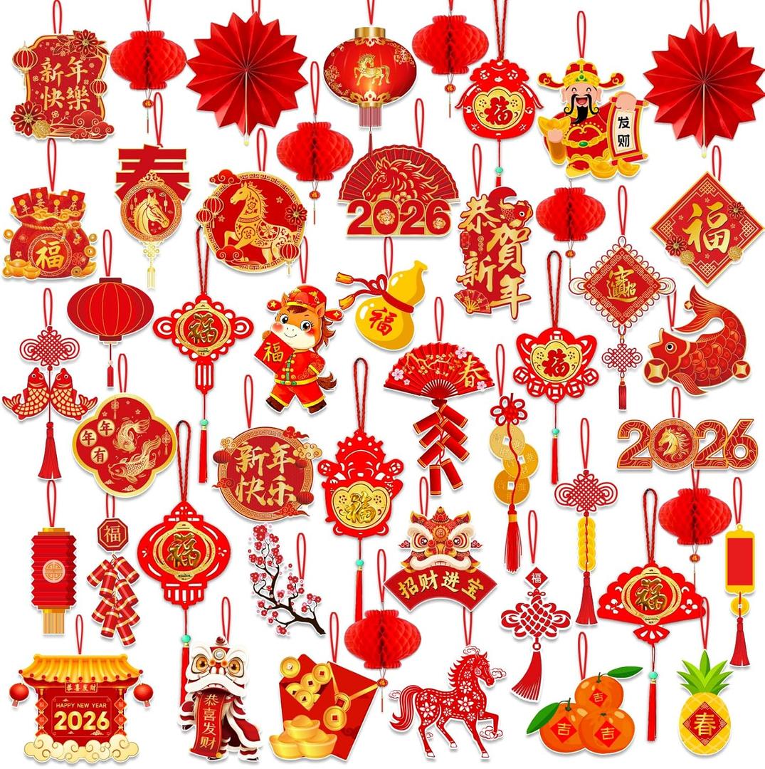 Chinese New Year Decorations, Lunar New Year Ornaments 2026 Horse Spring Festival Tree Decorations, Good Luck Ornament Red Lanterns Festive Tree Ornament for 2026 Year of The Horse Party