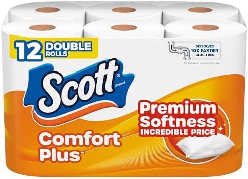 Scott ComfortPlus Toilet Paper, 12 Double Rolls, 231 Sheets per Roll, Septic-Safe, 1-Ply Toilet Tissue