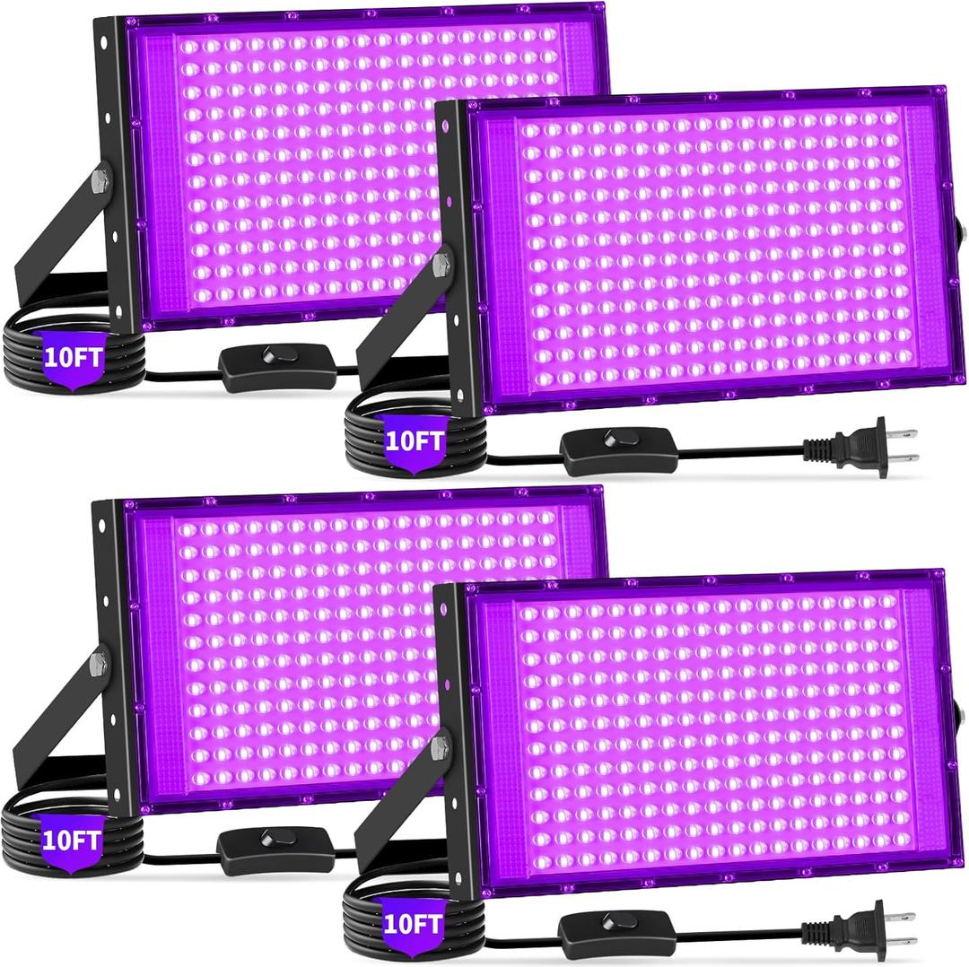 200W Blacklight Flood Light with 10ft Cord+Switch, Aluminum Shell, IP66 Waterproof Outdoor LED Black Lights for Large Space, Glow Party, Halloween, Stage, Gym, Poster, Body Paint, 4 Pack 200W Blacklight Flood Light with 10ft Cord+Switch, Aluminum Shell, IP66 Waterproof Outdoor LED Black Lights for Large Space, Glow Party, Halloween, Stage, Gym, Poster, Body Paint, 4 Pack