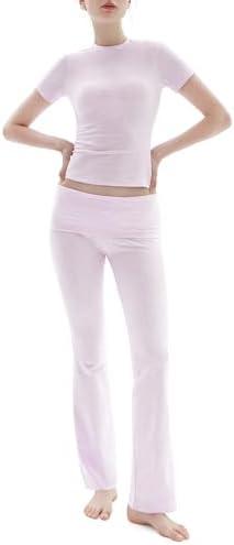 PUMIEY Women's 2 Piece Lounge Sets Short Sleeve Tops Fold-Over Flare Pants Casual Outfits Matching Set Nap Collection Size XS