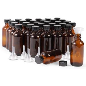 Juvale 30 Pack 2 Oz Amber Glass Bottles with Black Poly Cone Caps and 6 Funnels - Small 2 Oz Glass Bottles with Lids for Vanilla Extract