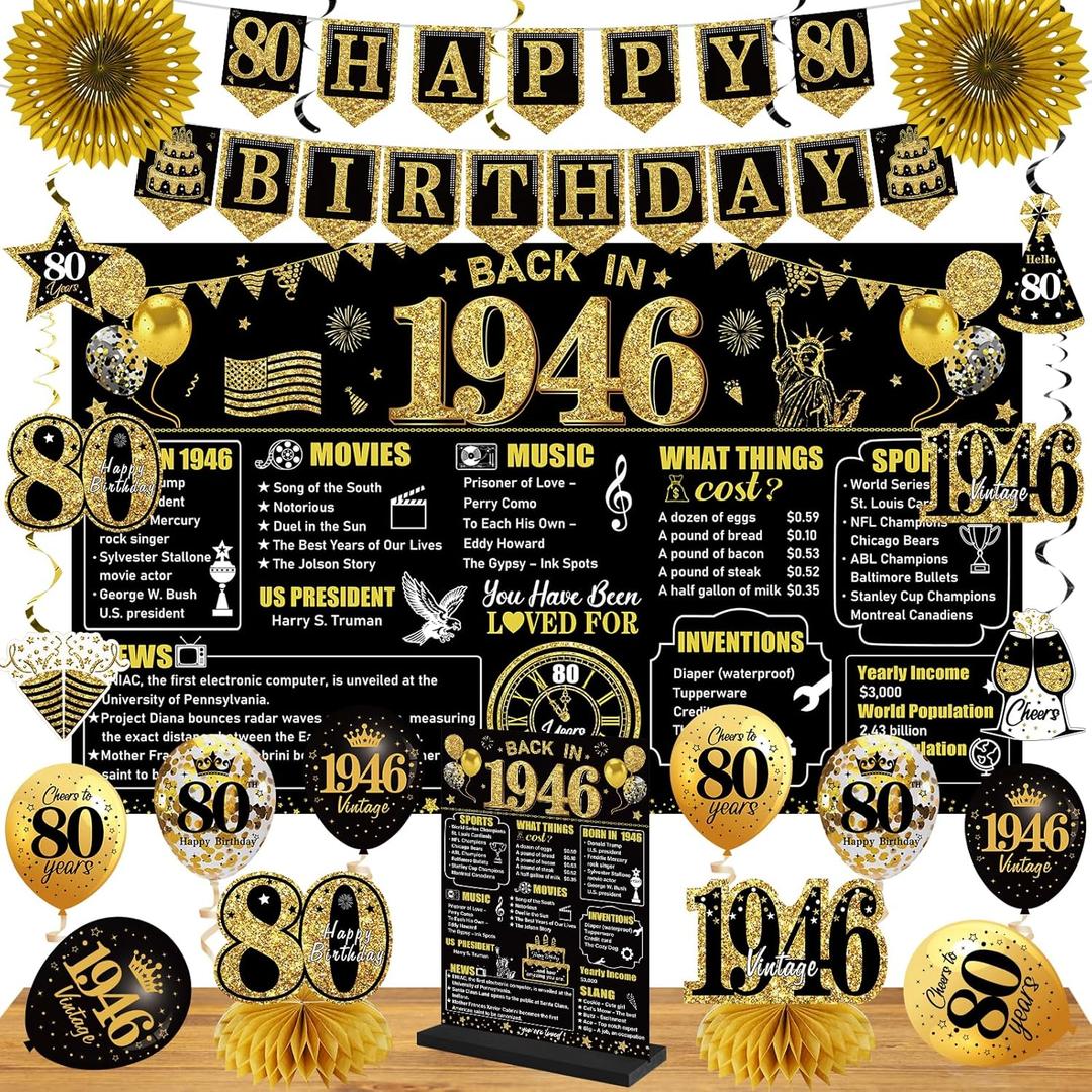 80th Birthday Decorations Kit for Men Women, Black Gold 24PCS Back in 1946 Banner Decorations , Vintage 1946 Banner Wooden Table Sign Poster Hanging Swirl Balloons Paper Fans Cheers to 80 years
