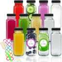 STARSIDE 8 oz Glass Juice Bottles with Lids 12 Pack - Square Reusable Drinking Jars for Juicing, Milk, Kombucha - Includes 1 Bottle Brush, 12 Colored Labels