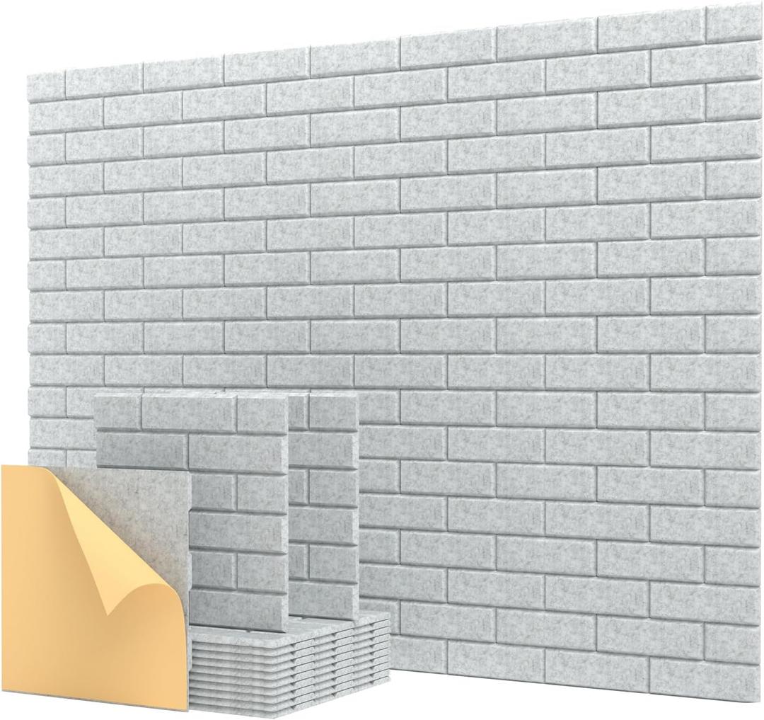Kuchoow Soundproof Wall Panels, Sound Proof Panels for Wall,12 Pack Acoustic Panels Sound Absorbing Self Adhesive, Brick Acoustic Wall Panels for Home, Room, Ceiling, 12"12"0.4",Gray