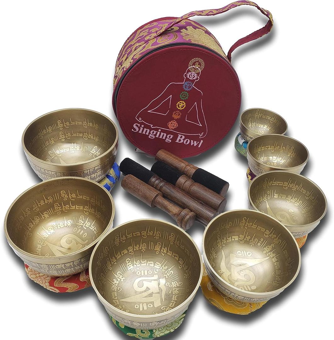 Khusi Tibetan Singing Bowls Chakra Sets, Hand Carved Buddha Mantra and Symbol, Sets of Seven Divine Sound Bowl