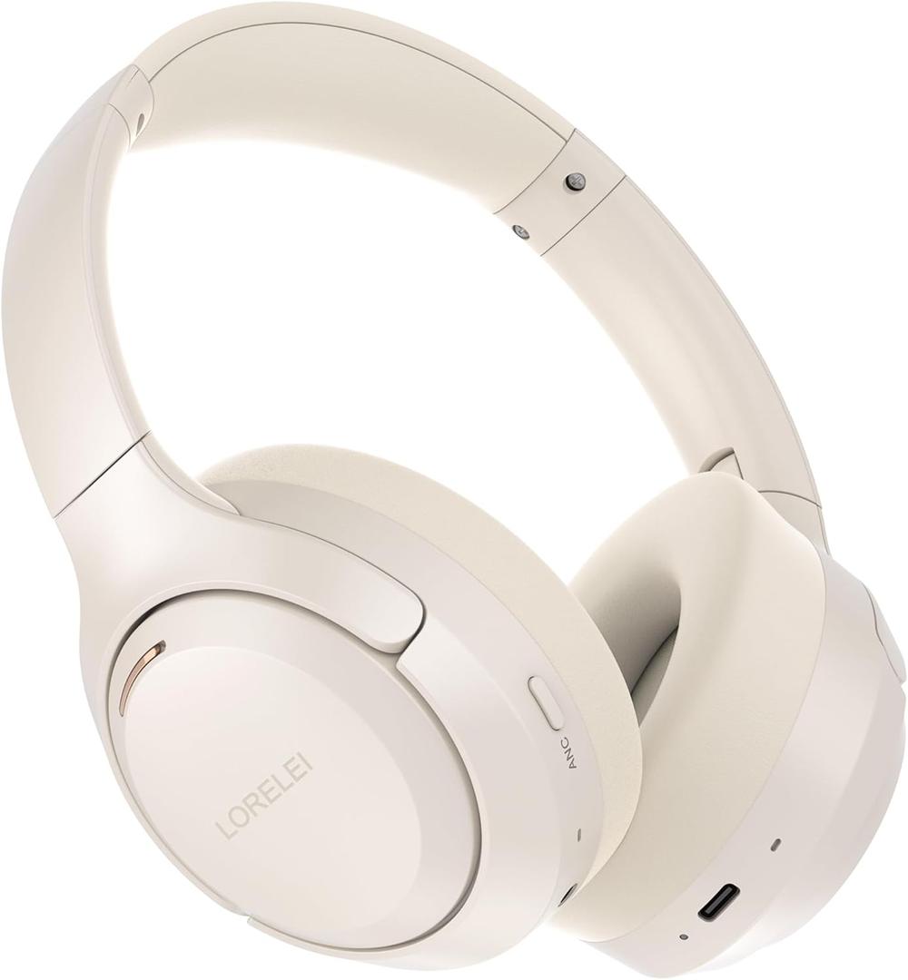 LORELEI QC60 Hybrid Active Noise Cancenlling Headphones,Wireless Over Ear Bluetooth Headsets with mic,100H Playtime 3 EQ Mode Deep Bass, Memory Earmuffs,for Travel Home Office(Beige White)