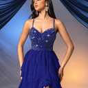 Women's Sequin Tulle Prom Dresses Summer Formal Evening Gown Spaghetti Wedding Bridesmaid Party Cocktail Maxi Dress (Blue) Medium 
