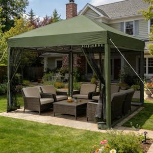 10x10 Pop Up Canopy with Mosquito Netting, Army Green | Ez Up, Portable, Waterproof, UV Protection. Steel Frame. Ideal For Camping, Parties, Patio, Backyard & Outdoor Events.