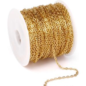 33 Feet 18K Gold PVD Plated Stainless Steel Cable Chain Bulk, 2mm 304 Stainless Steel Flat Cable Link Chains Roll Spool for Jewelry Making Necklace DIY Craft (2.0mm width)