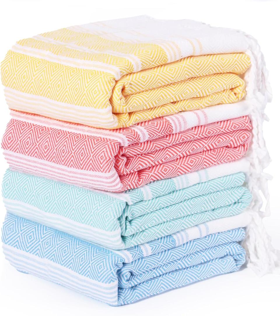 Thin Turkish Beach Towel Lightweight Quick Dry Absorbent Cotton Bathroom Bath Pool Swim Towels Extra Large Oversized Sand Free Beach Accessories Essentials Cloud Gifts for Adult (X-Large(79 x 36 inches,200 x 90 cm), 4 Pack Diamond Aqua Orangered)