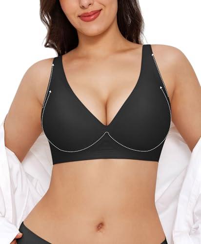 Jelly Bra Comfortable Bras for Women Wireless Push Up Bra Seamless Comfy No Underwire Supportive Bralettes Deep V Tshirt Bras Black M