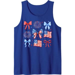 Retro USA Flag Coquette Bow 4th Of July Fireworks Patriotic Tank Top (Small, Royal Blue)