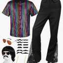 6 PCS Men's 70s Disco Outfit Costume Retro 80s Bell Bottom Pants short Sleeve Shirts Wigs Necklace Moustache Sunglasses, XXXL