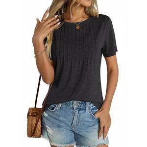 Micticsi Womens Short Sleeve T Shirts Pleated Dressy Casual Crewneck Loose Fit Tee Trendy Summer Tops Blouses 2025 Black, Size M, Black