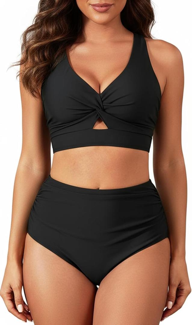 Tempt Me Women Two Piece Swimsuits High Waisted Bikini Set Tummy Control Bathing Suits Knot Twist Cutout Swimwear (Black), Size: M Tempt Me Women Two Piece Swimsuits High Waisted Bikini Set Tummy Control Bathing Suits Knot Twist Cutout Swimwear (Black), Size: M