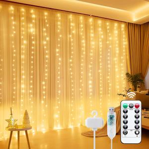 Minetom Curtain Lights, 300 LED Dimmable Fairy Lights Twinkle Lights with Remote and Timer, 8 Modes, USB Powered String Lights for Room Wall Party Xmas Indoor Decor, Warm White (1 Pack)