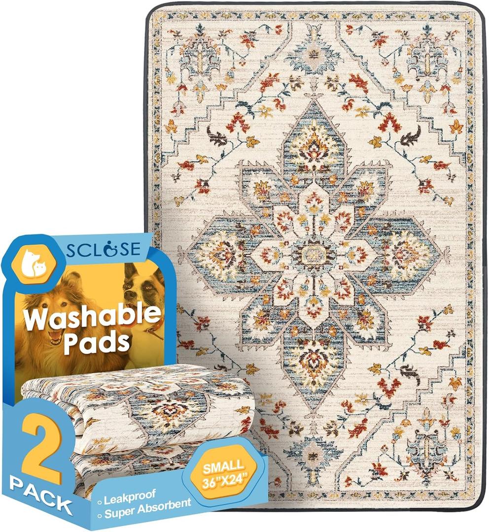 Washable Pee Pads for Dogs 2 Pack, 36" x 24" Reusable Puppy Pads Waterproof, Super Absorbent Dog Rugs, Leakproof, Dog Crate Pad, Playpen Mat, Whelping Pads, White Medallion