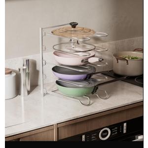 JAQ Pots and Pans Organizer, 13.18 inch Heavy Duty Pot Lids Rack Holder Adjustable Height for Muffin Tins, Baking Sheets, Skillets,Cookware,Bakeware in Cabinets Shelf Countertop Pantry (Sliver)