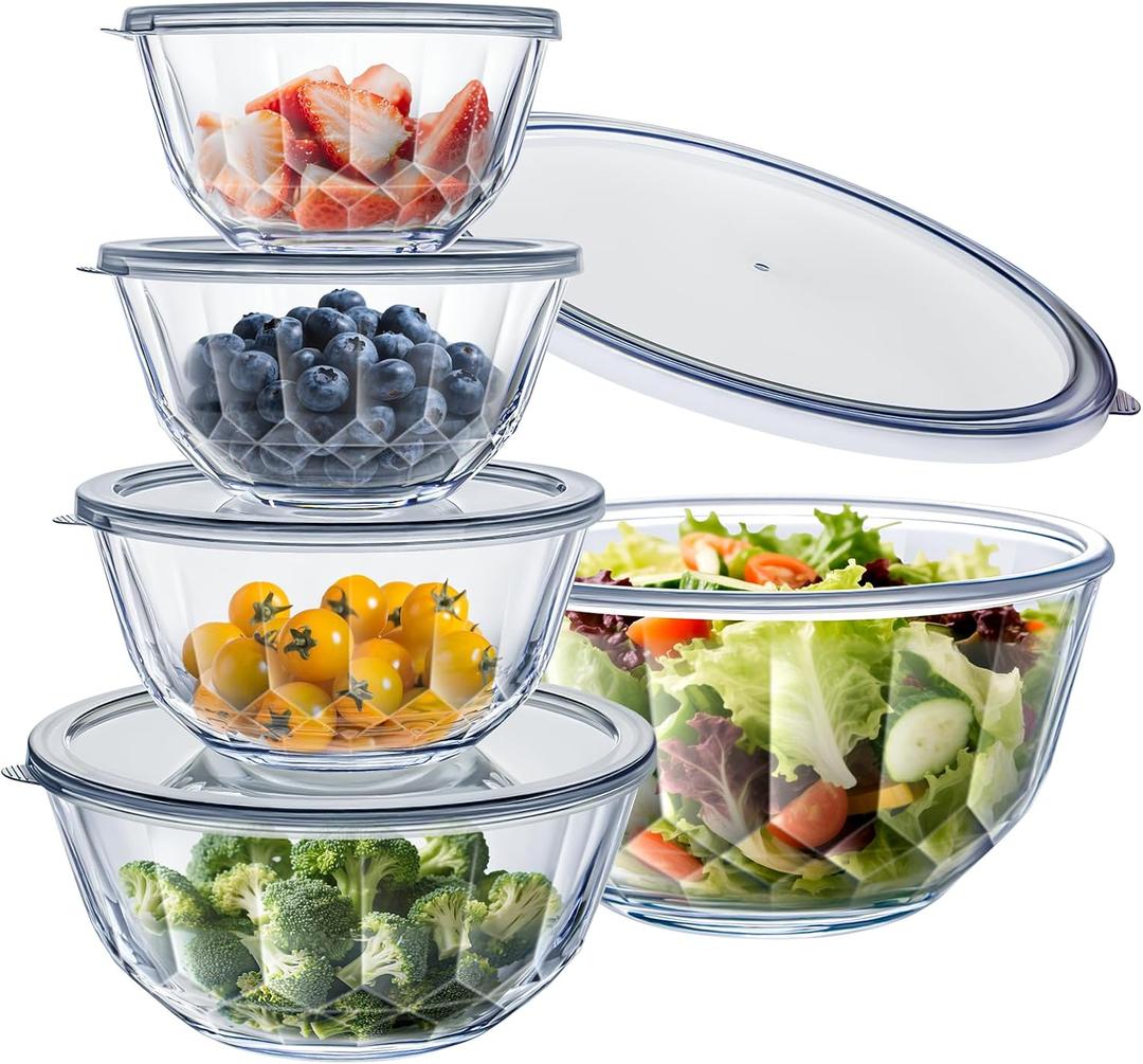 WhiteRhino Glass Bowls with Lids Set of 54.70QT,2.85QT, 1.69QT,1.11QT,0.85QT,Glass Mixing Bowls with Lids,Large Salad Bowls Space-Saving Nesting for Cooking,Baking,Prepping,Dishwasher Safe