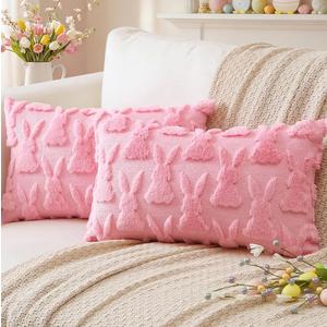 Artscope Easter Bunny Pillow Covers 12x20 Set of 2 Decorative Easter Rabbit Throw Pillow Cases Soft Plush Faux Fur Couch Cushion Case for Holiday Sofa Bed Room Home Decor-Pink