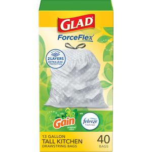 Glad ForceFlex Tall Kitchen Trash Bags, 13 Gallon, Gain Original, 40 Count (Package May Vary)