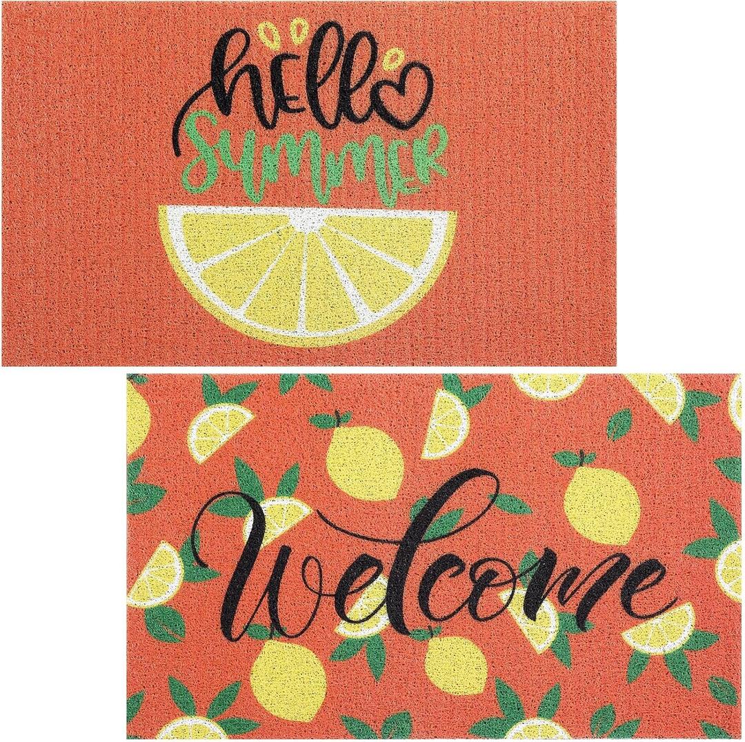 2 Pcs Cute Lemon Decorative Doormat Hello Summer Welcome Mat Lemon Floor Mats Summer Non Slip Door Rugs for Outdoor Indoor Porch Entryway Kitchen Decor 18 x 30 Inch
