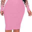 Fastkoala Women Elegant Mesh Long Sleeve Dress Ribbed Night Club Dresses (Pink, L)