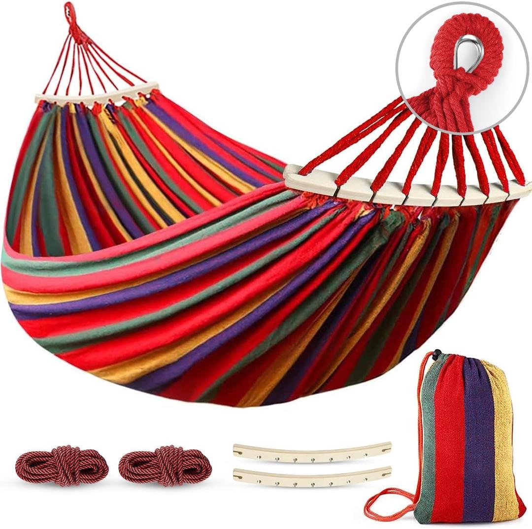 MOSFiATA Hammocks Portable Camping Hammock Upgraded 550lb Comfortable Fabric Hammock with Two Anti Roll Balance Beam and Sturdy Tree Straps for Camping, Patio, Backyard, Outdoor Colorful Stripe