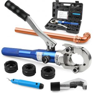 Delgada Copper Propress Tool Hydraulic Copper Pipe Crimping Tool with 1/2" 3/4" 1" Jaws, Pipe Cutter and Deburring Tool, for Plumbing Narrow Space and Tee FittingsDL-1632L