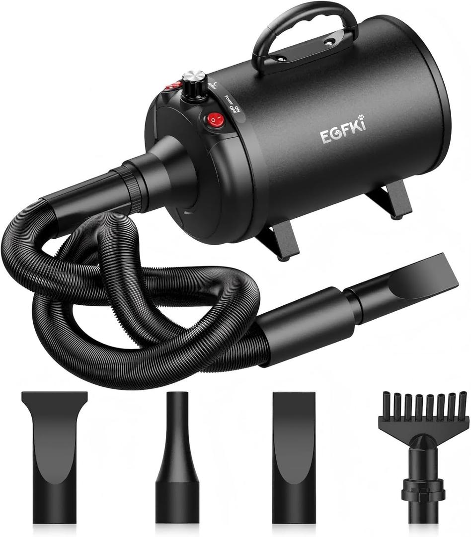 Dog-Hair-Dryer, 5.2HP/ 3800W High Velocity Pet Blow Dryer with Heater for Grooming, Speed Temperature Adjustable Dog Blower Grooming Dryer with 4 Nozzles (Black)