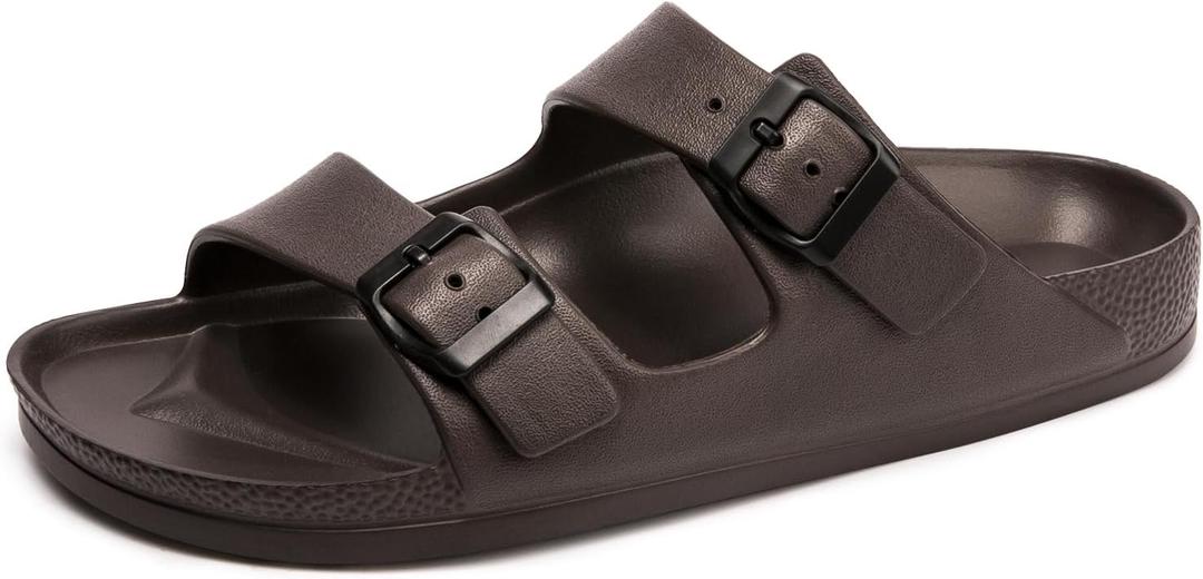 FUNKYMONKEY Women's Comfort Slides Double Buckle Adjustable EVA Flat Sandals (6, Dark Brown)