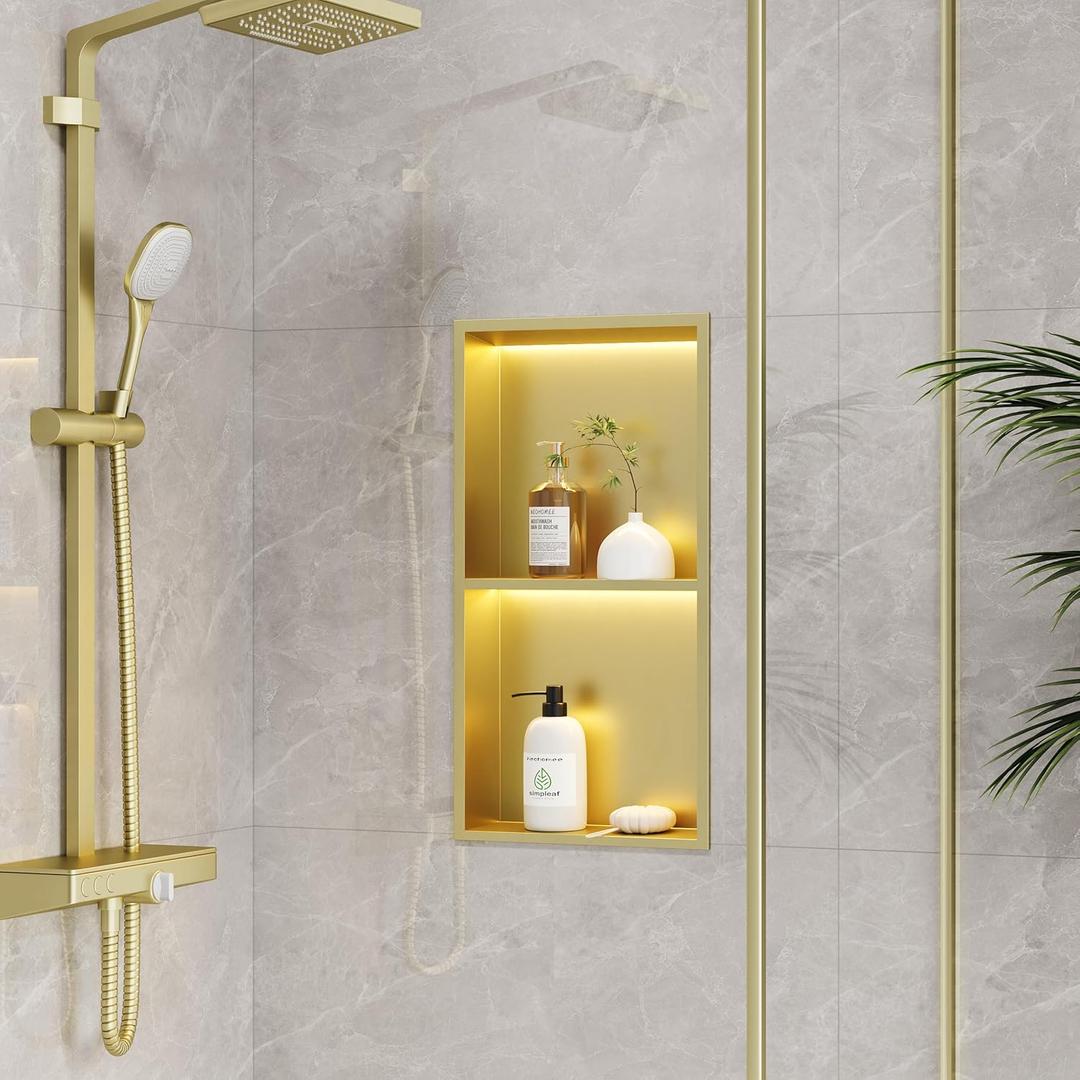 2-Tiers 12x24 Shower Niche with LED Light Strips, Golden Recessed wall Cabinet, Stainless Steel wall Niche for Shower wall, Waterproof NO Tile Needed Storage Organizer (3000K LED Light), 12x24In