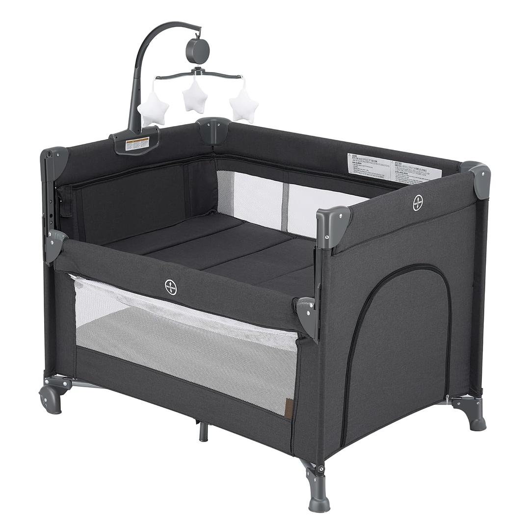 2-in-1 Pack and Play with Mattress,Baby Bassinet Bedside Sleeper, Bedside Bassinet & Baby Playpen, Easy Folding Portable Crib for Newborn to Toddlers (Dark Grey) 