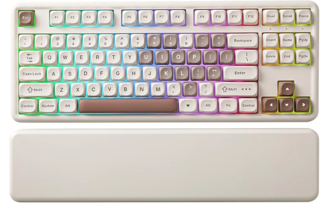 YUNZII B87 Wireless Mechanical Keyboard,QMK/VIA Programmable,TKL Layout 87 Keys,BT/2.4G/USB-C,Hot Swap Gasket Mount RGB Backlit Gaming with Wrist Rest for Win/Mac (Brown Heart, Milk V2)